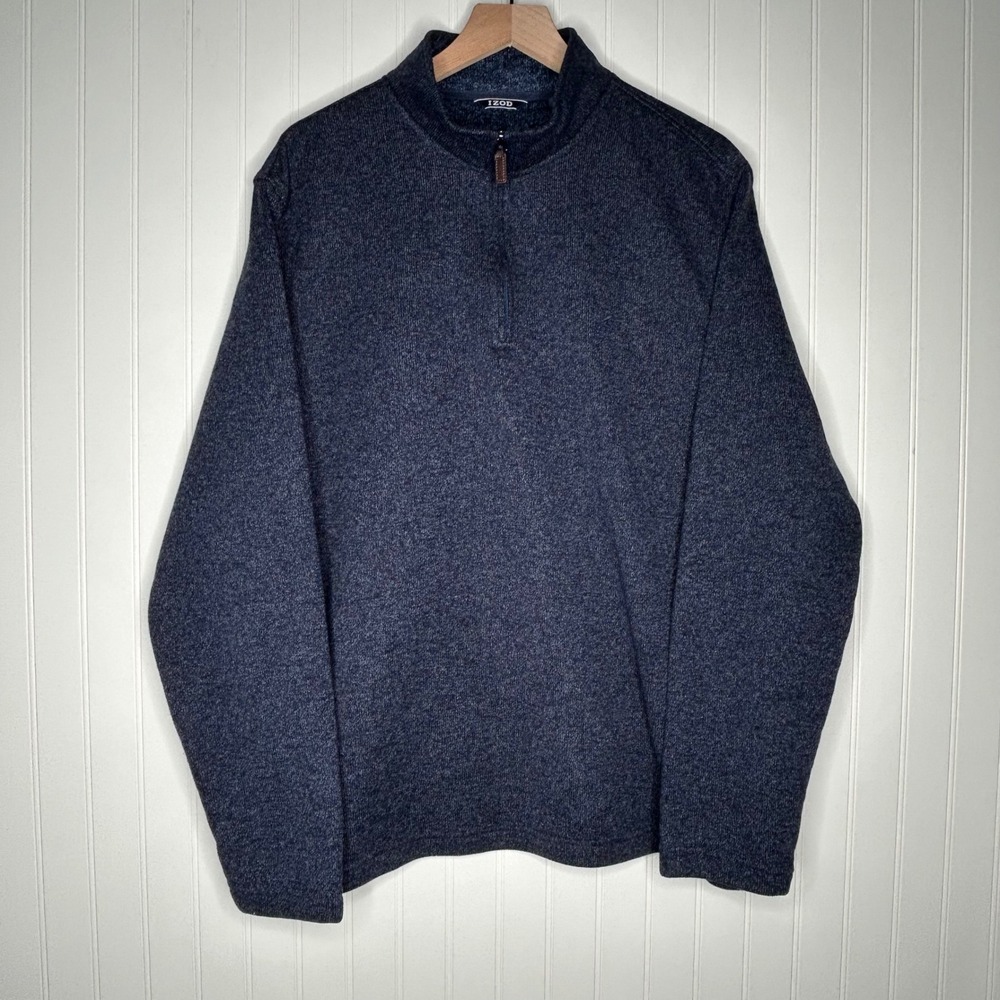 IZOD Mens Quarter Zip Sweater XL Navy Blue Marl Knit Pullover Mock Neck Preppy